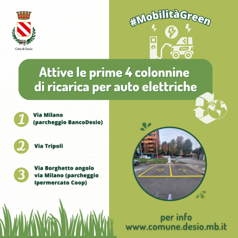 Mobilità green: attive le prime 4 colonnine di ricarica per auto elettriche