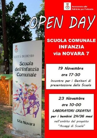Open Day scuola infanzia: il primo  appuntamento il 19 novembre alla scuola comunale di via Novara